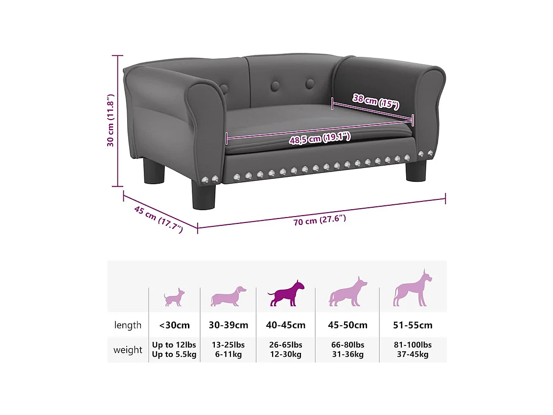 Cama para perros de cuero sintético gris 70x45x30 cm