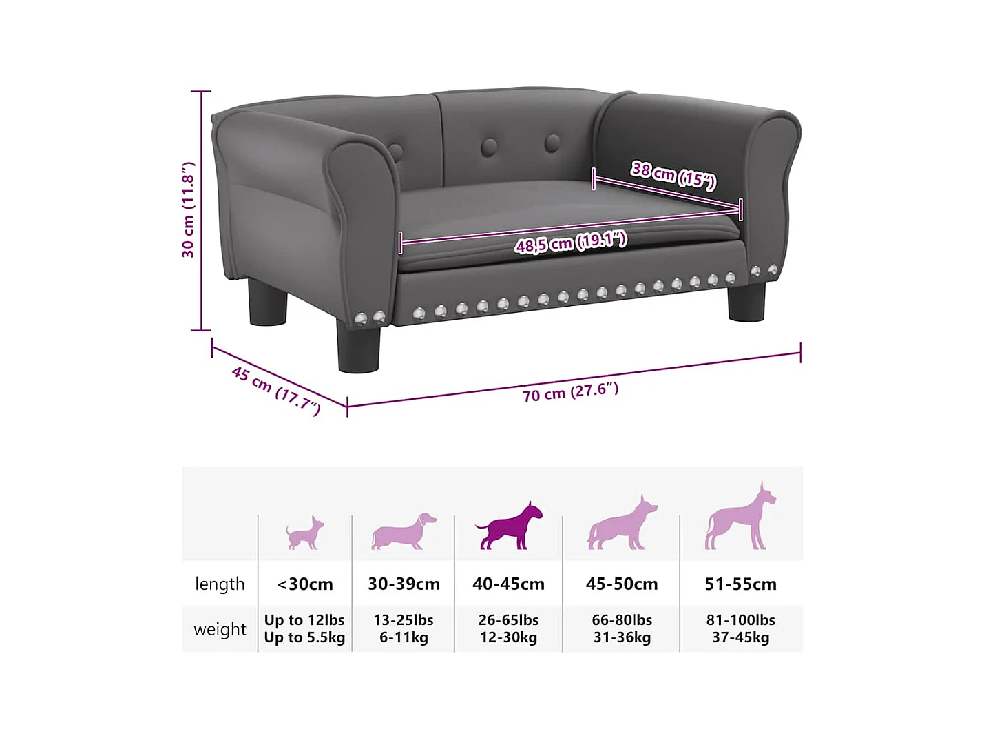 Cama para perros de cuero sintético gris 70x45x30 cm