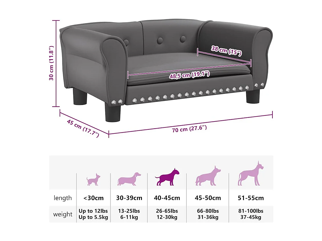 Lit pour chien gris 70x45x30 cm similicuir