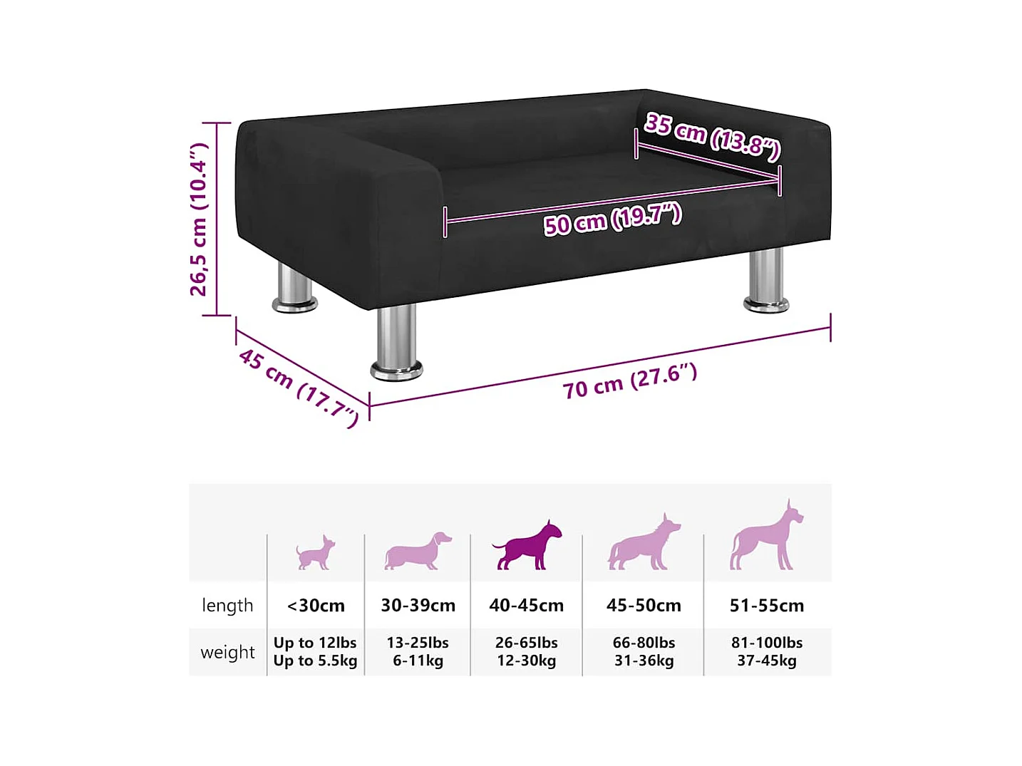 Cama para cães 70x45x26,5 cm veludo preto