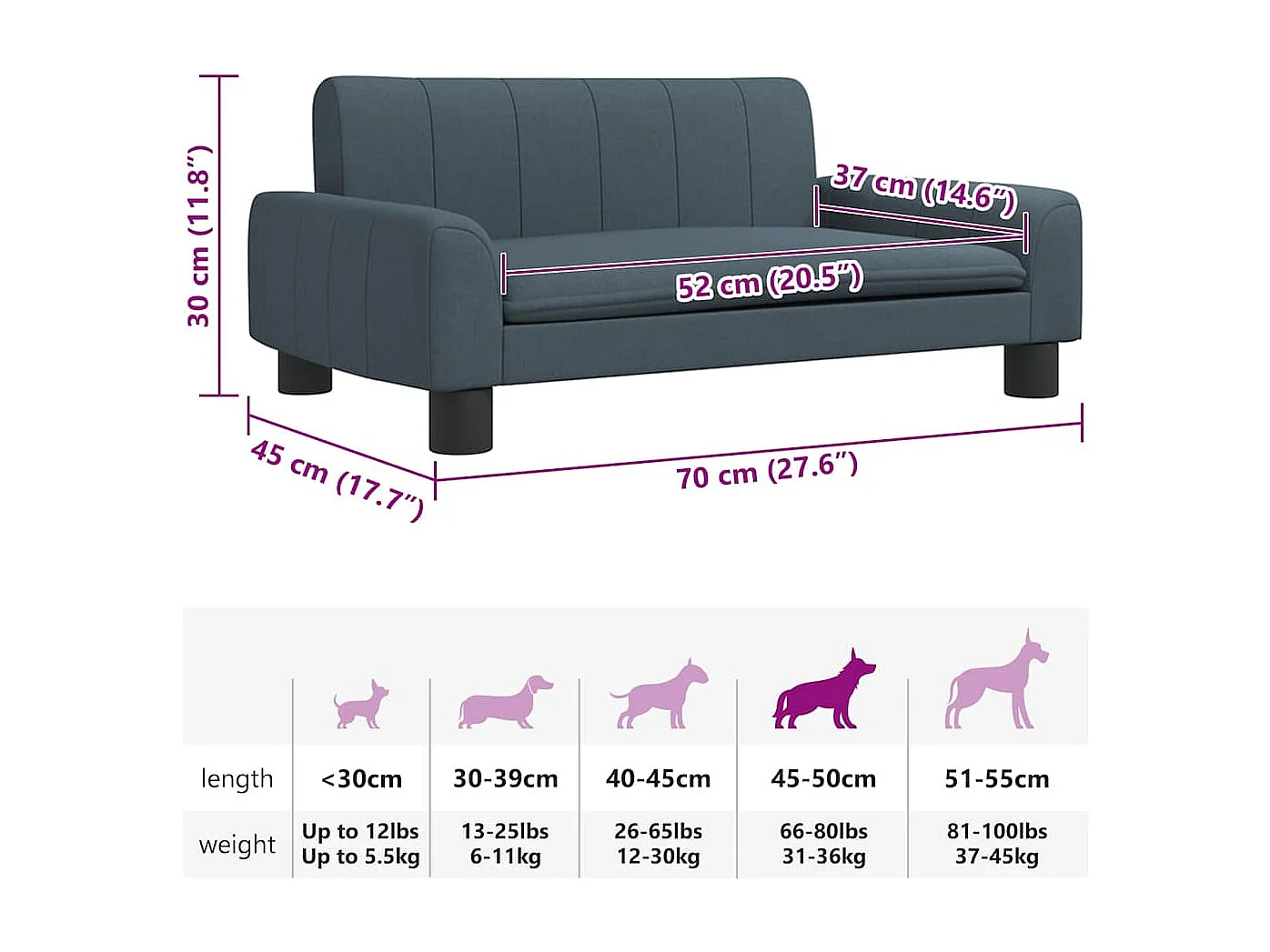 Lit pour chien gris foncé 70x45x30 cm tissu