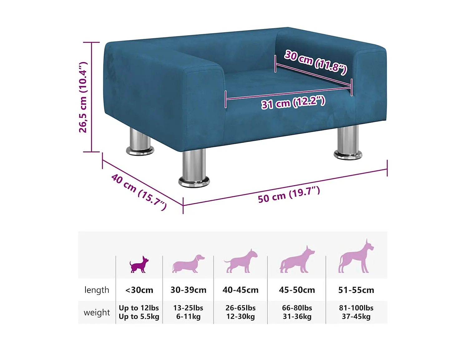 Lit pour chien bleu 50x40x26,5 cm velours