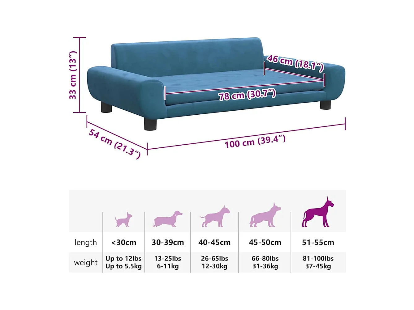 Cama para perros de terciopelo azul 100x54x33 cm