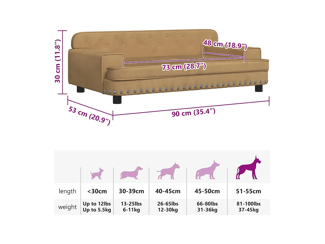 Cama para perros de terciopelo marrón 90x53x30 cm