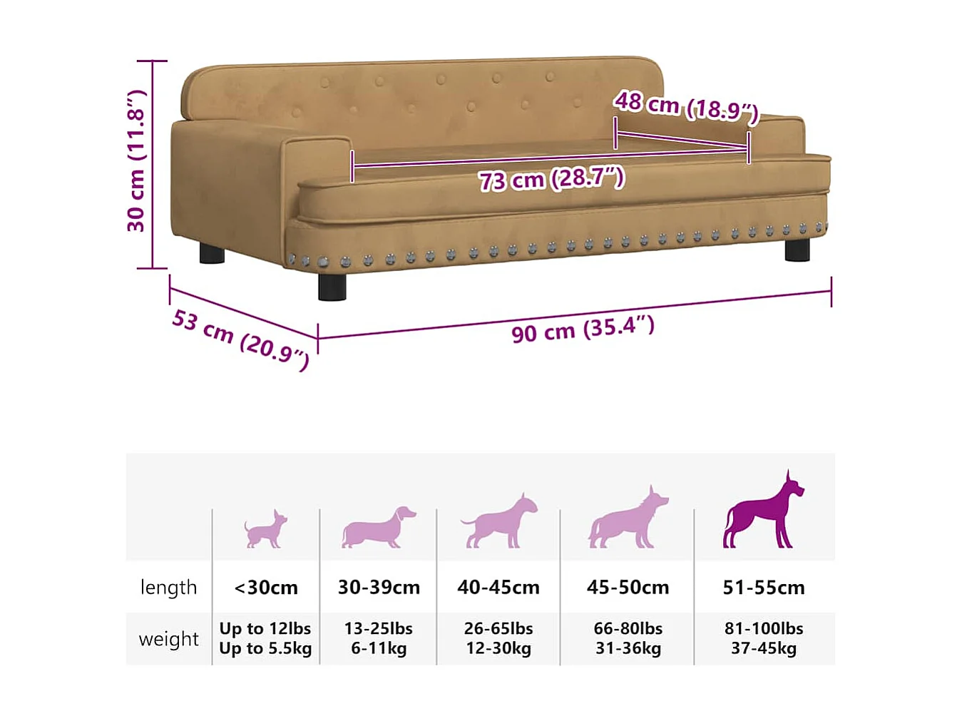 Lit pour chien marron 90x53x30 cm velours