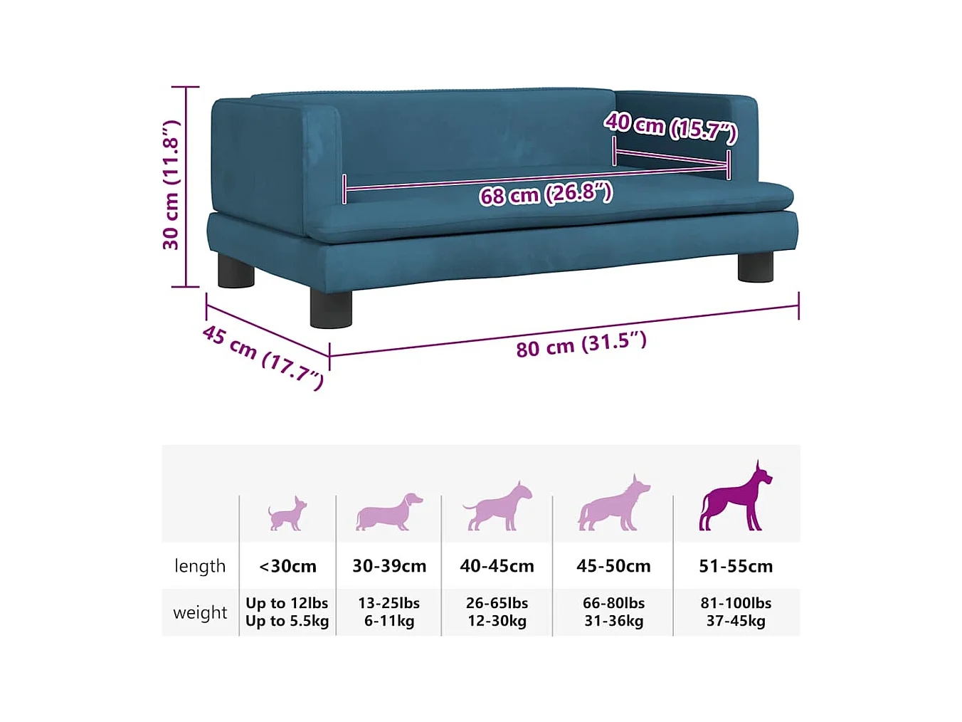 Cama para perros de terciopelo azul 80x45x30 cm