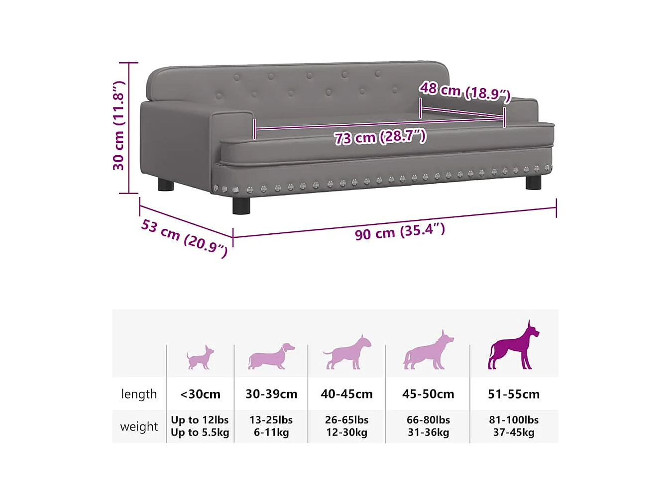 Cama para perros de cuero sintético gris 90x53x30 cm
