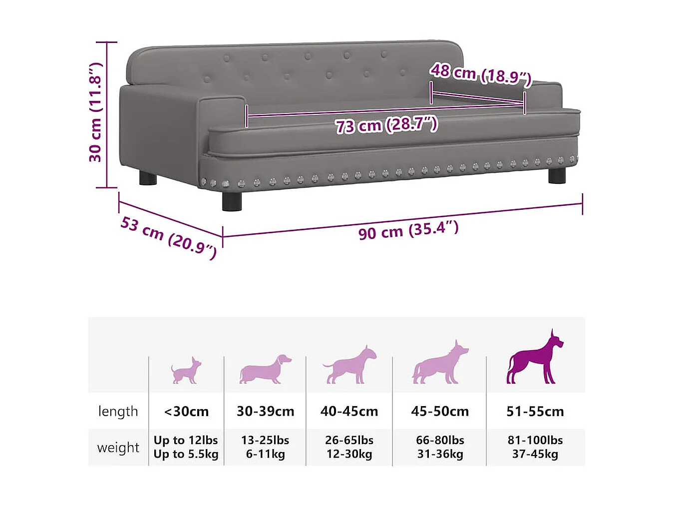 Lit pour chien gris 90x53x30 cm similicuir