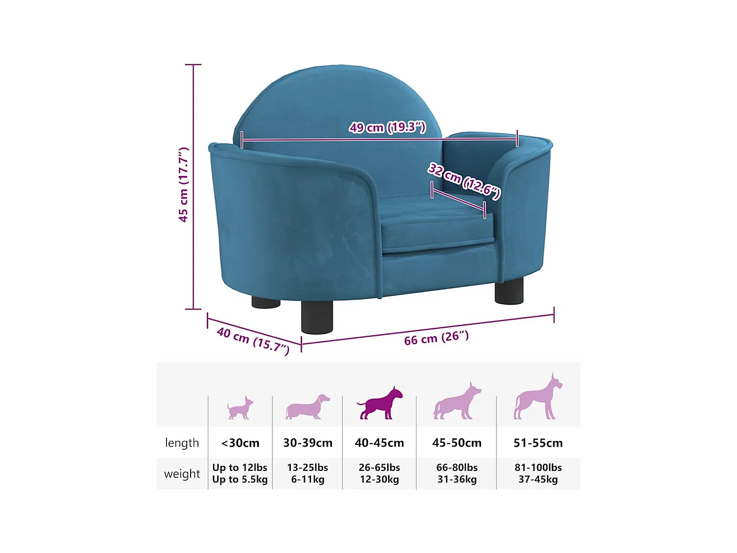 Cama para perros de terciopelo azul 66x40x45 cm