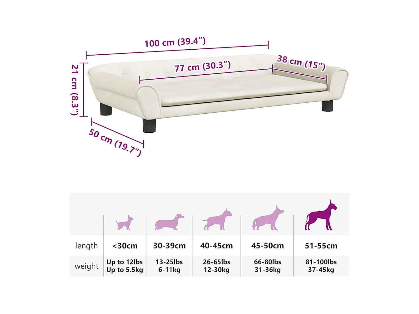 Lit pour chien crème 100x50x21 cm velours