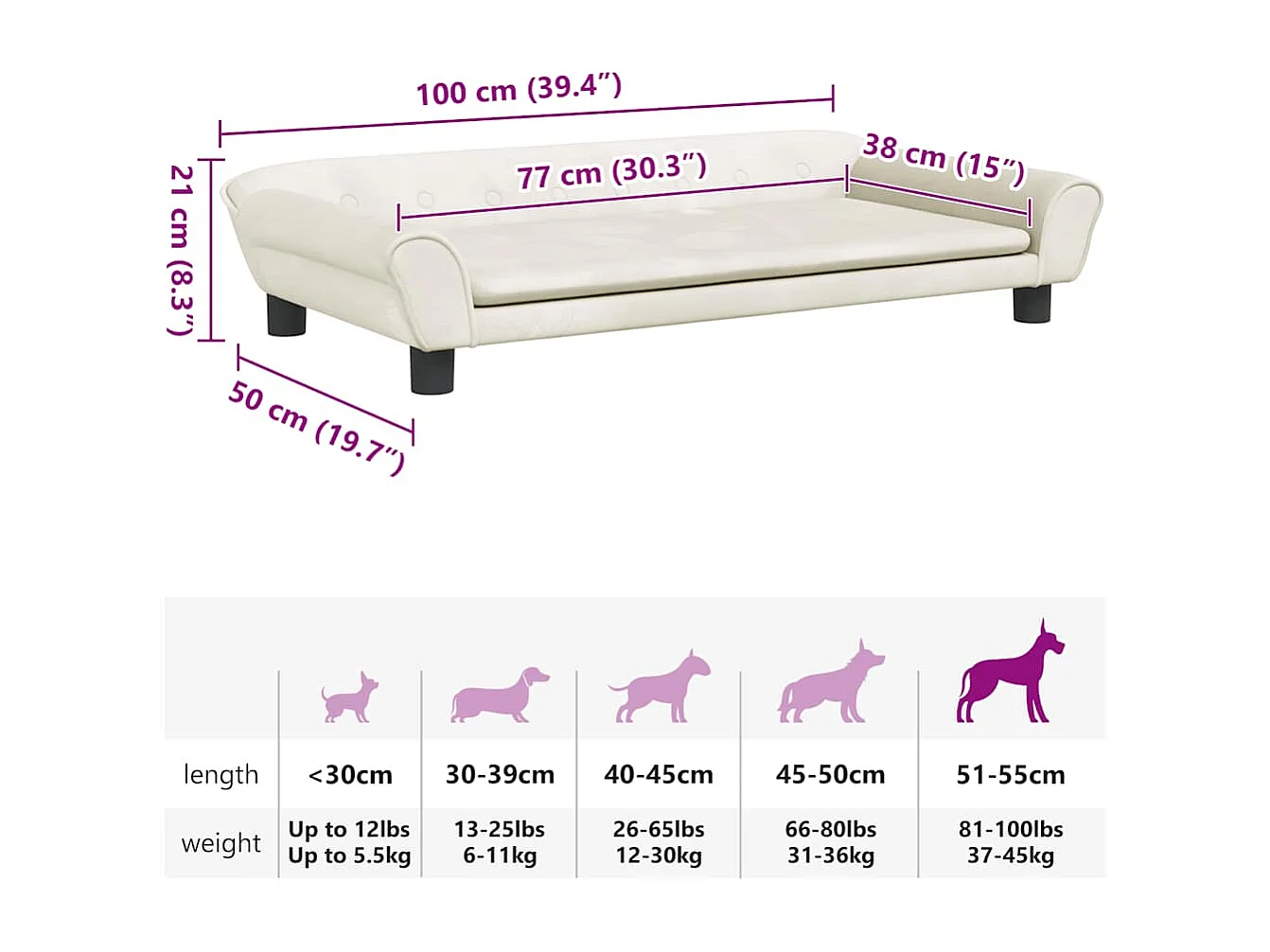 Cama para perros de terciopelo crema 100x50x21 cm