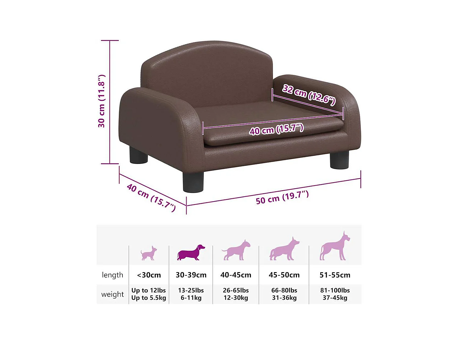 Cama para perros de cuero sintético marrón 50x40x30 cm