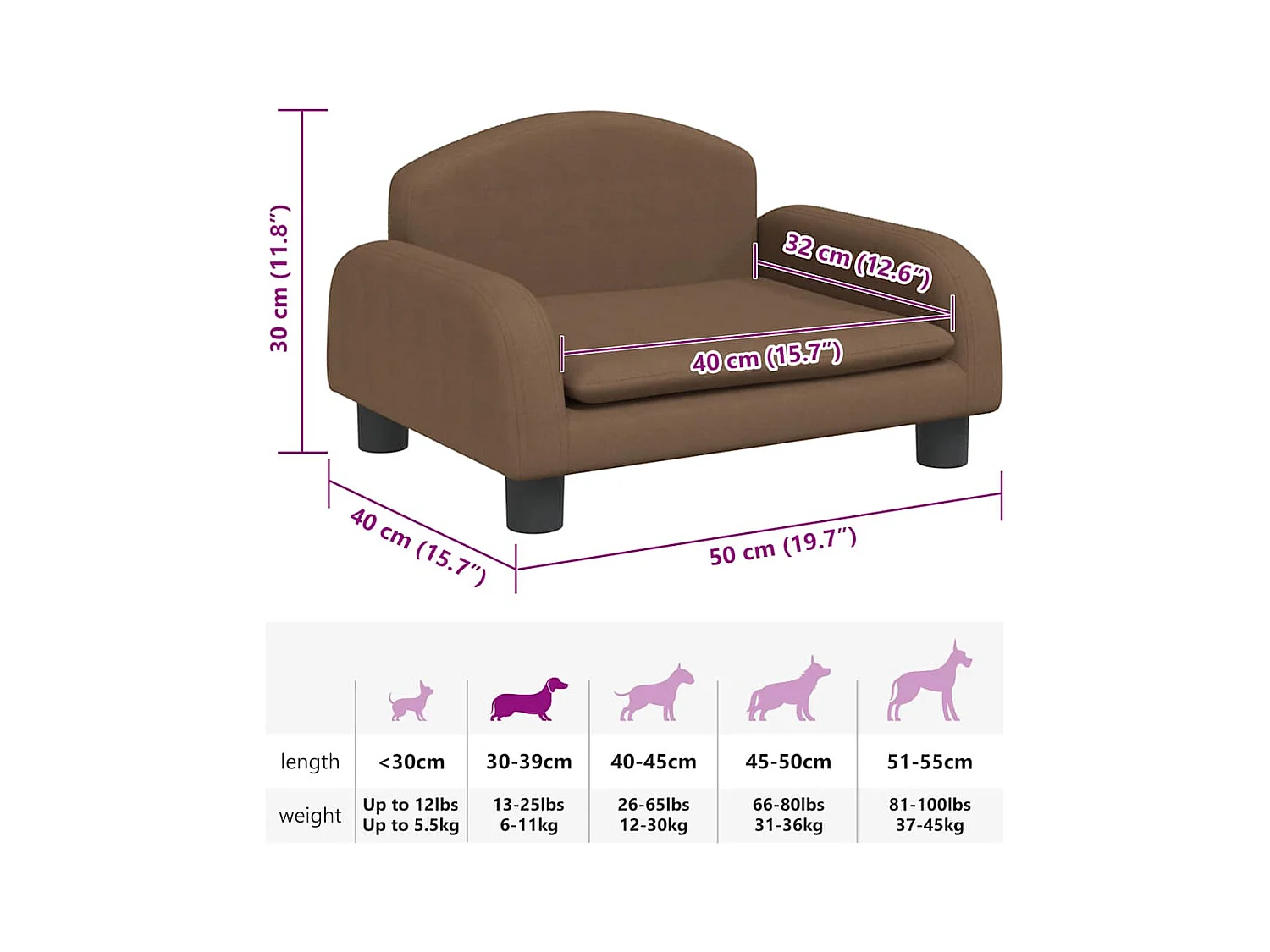 Lit pour chien marron 50x40x30 cm tissu