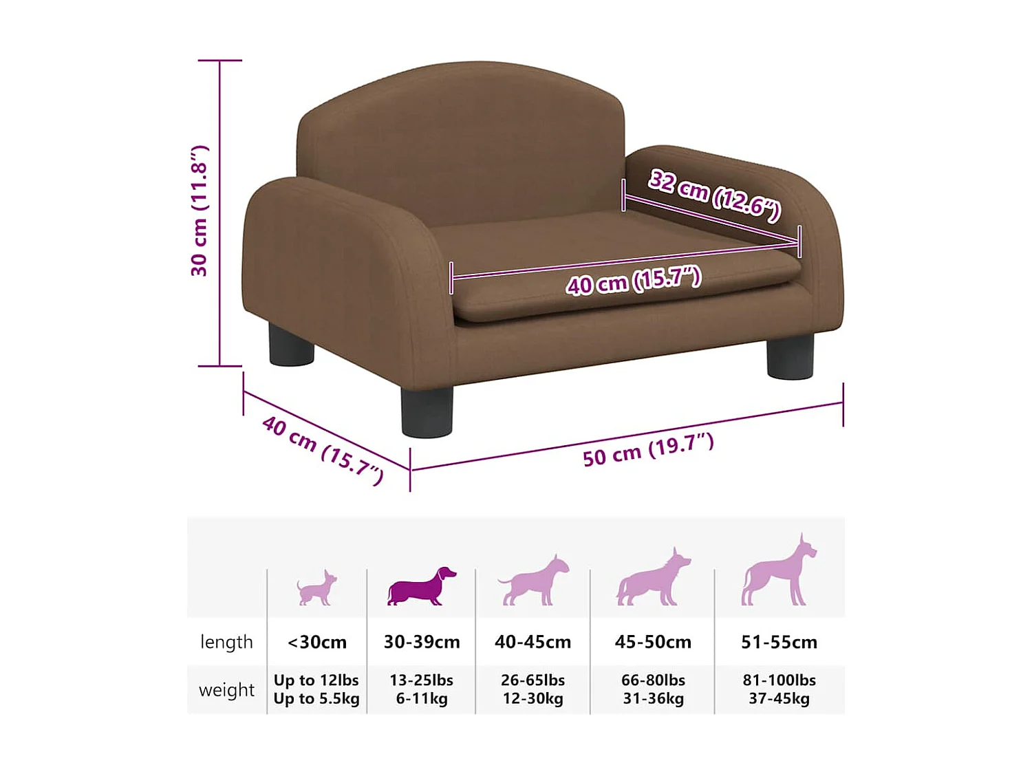 Cama para cães 50x40x30 cm tecido castanho