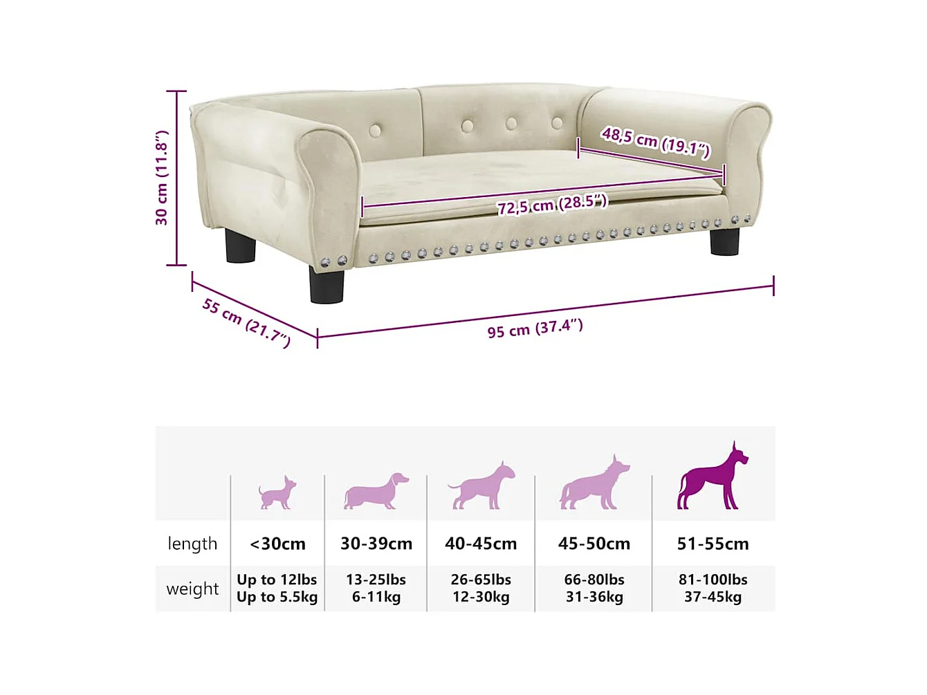 Cama para cães 95x55x30 cm veludo cor creme