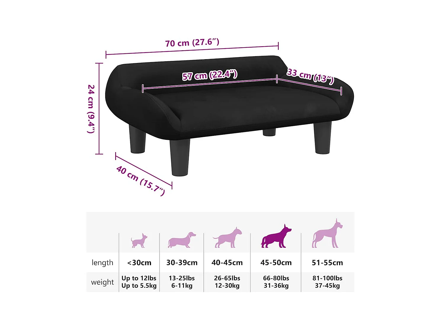 Cama para perros de terciopelo negra 70x40x24 cm