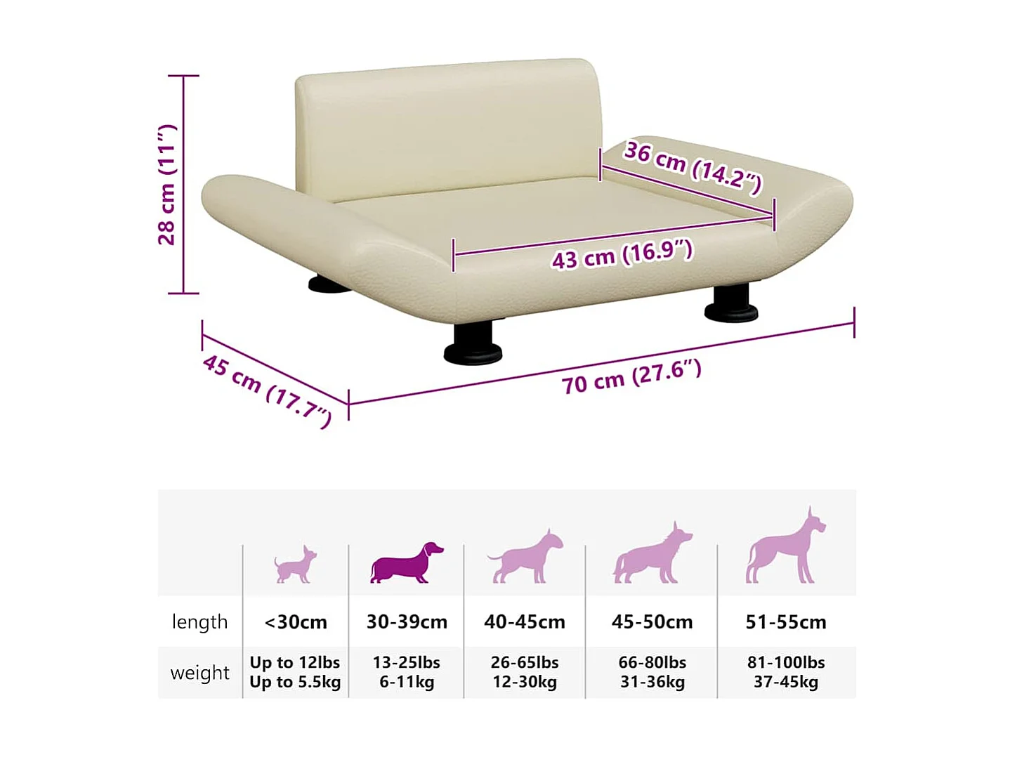 Lit pour chien crème 70x45x28 cm similicuir