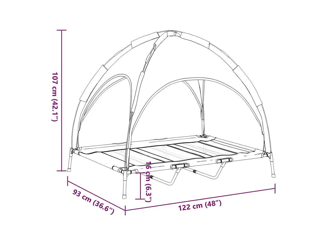 Cama para cães com toldo tecido oxford e aço antracite