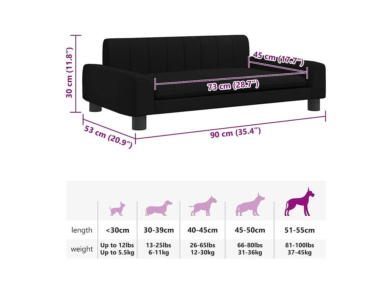 Cama para perros de tela negra 90x53x30 cm