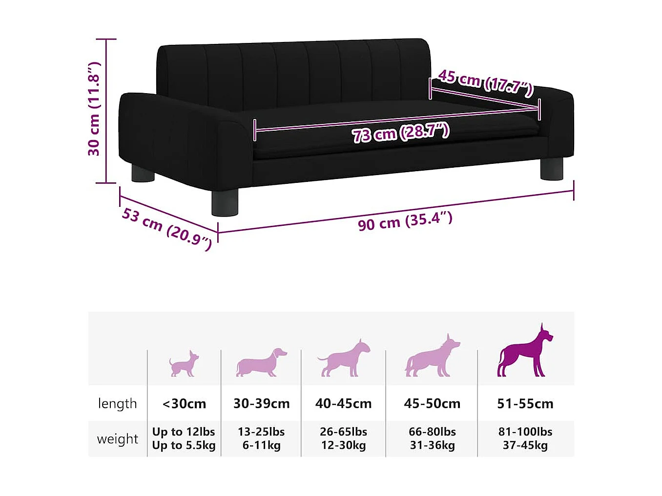 Lit pour chien noir 90x53x30 cm tissu