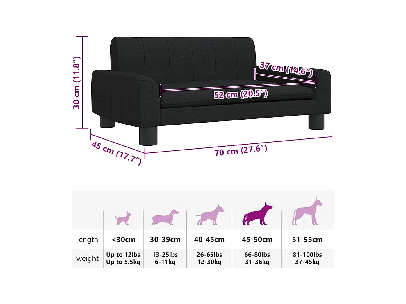 Cama para perros de tela negra 70x45x30 cm