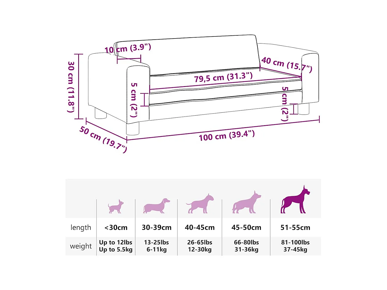 Cama para perros con extensión terciopelo marrón 100x50x30 cm