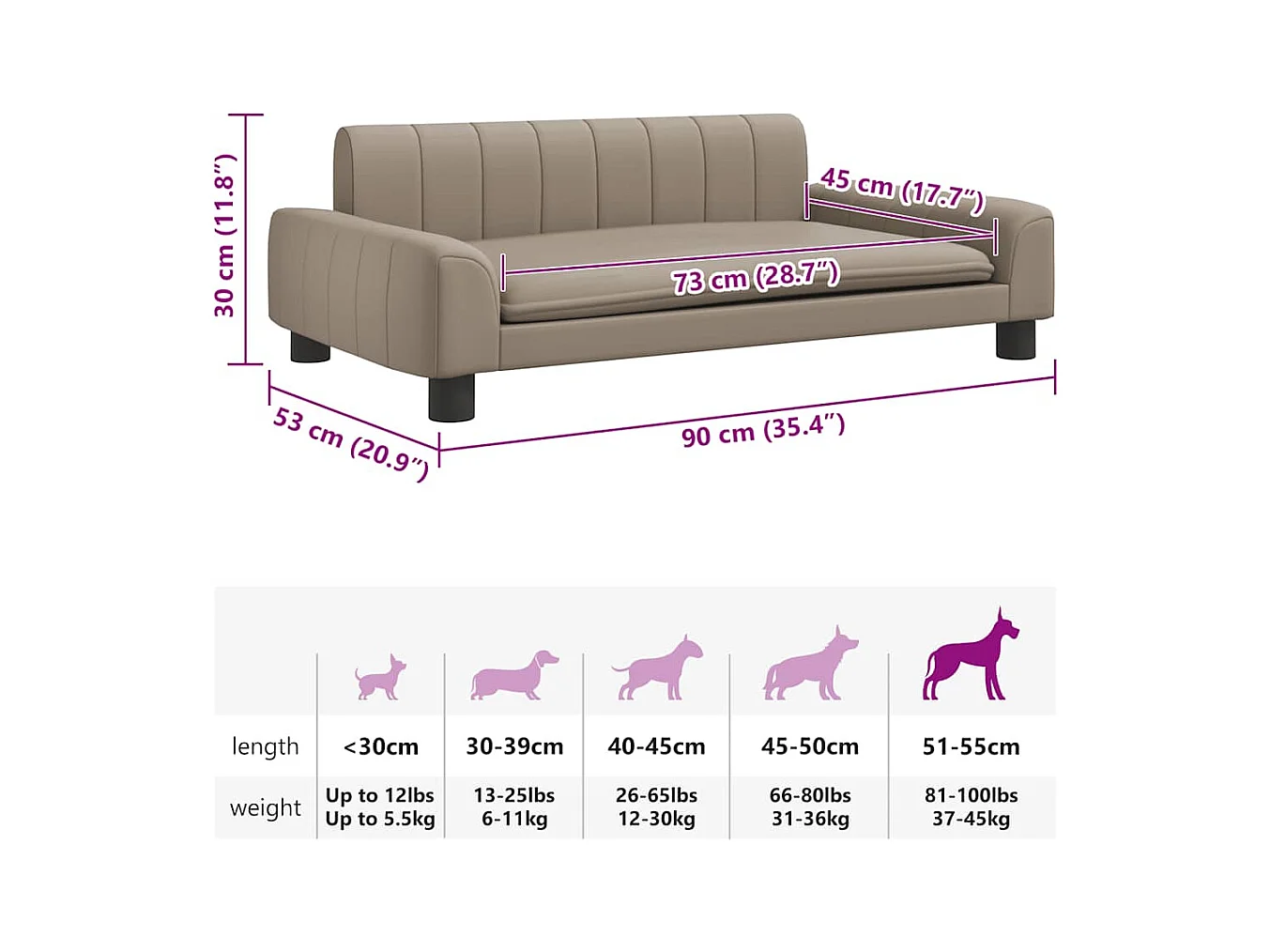 Cama para perros de cuero sintético color capuchino 90x53x30 cm