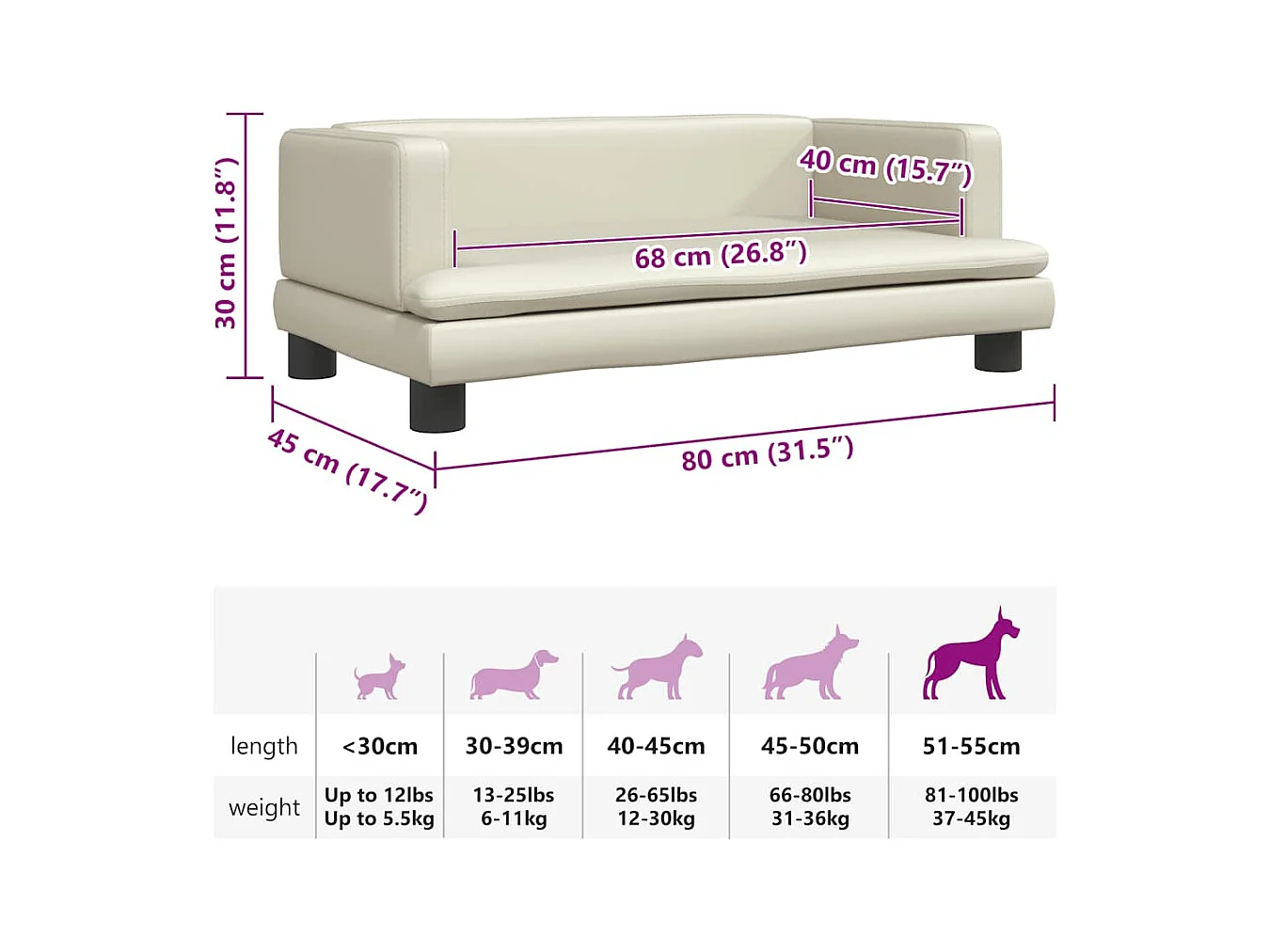 Cama para perros de cuero sintético crema 80x45x30 cm