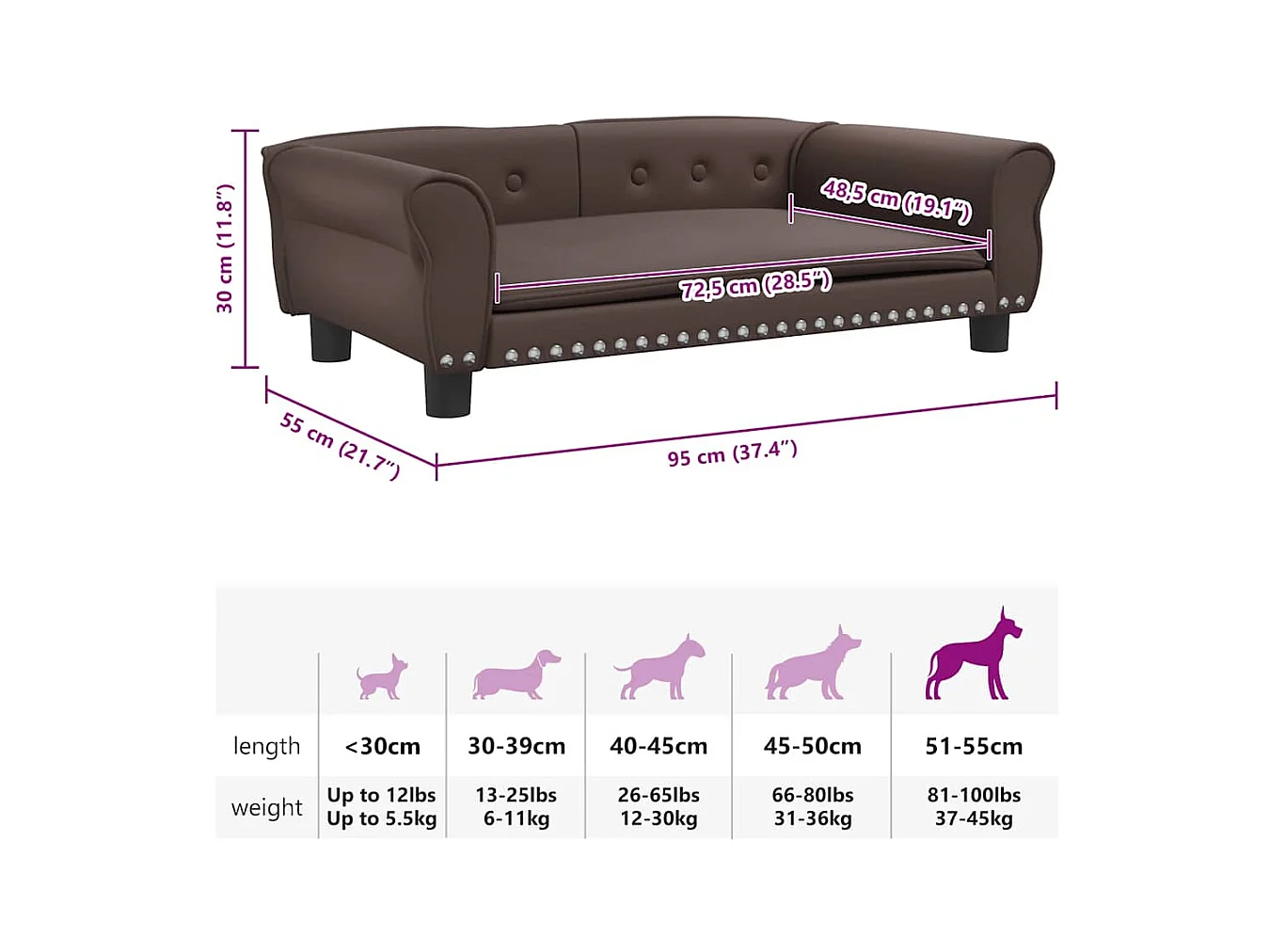 Cama para perros de cuero sintético marrón 95x55x30 cm