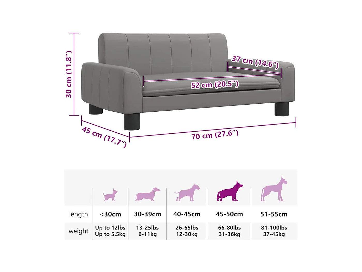 Cama para cães 70x45x30 cm couro artificial cinzento