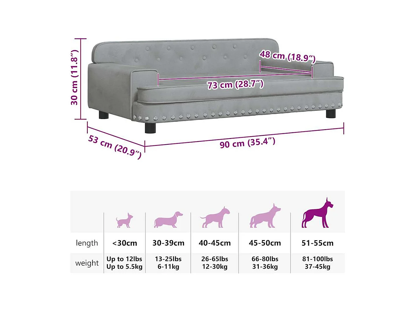 Cama para perros de terciopelo gris claro 90x53x30 cm