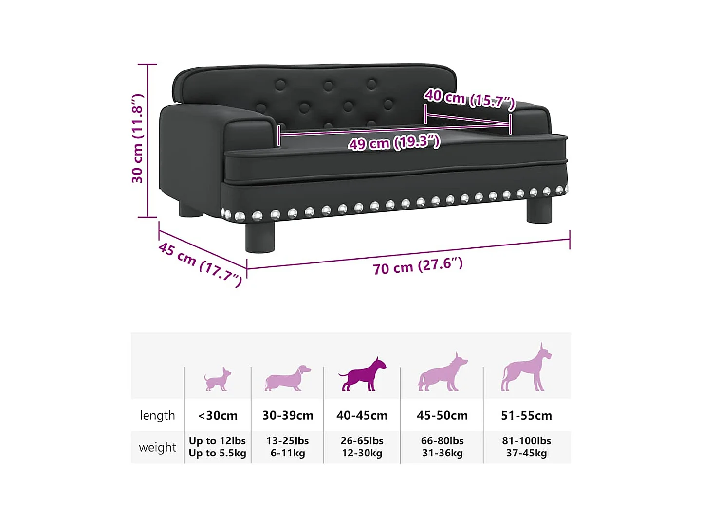 Cama para perros de cuero sintético negra 70x45x30 cm