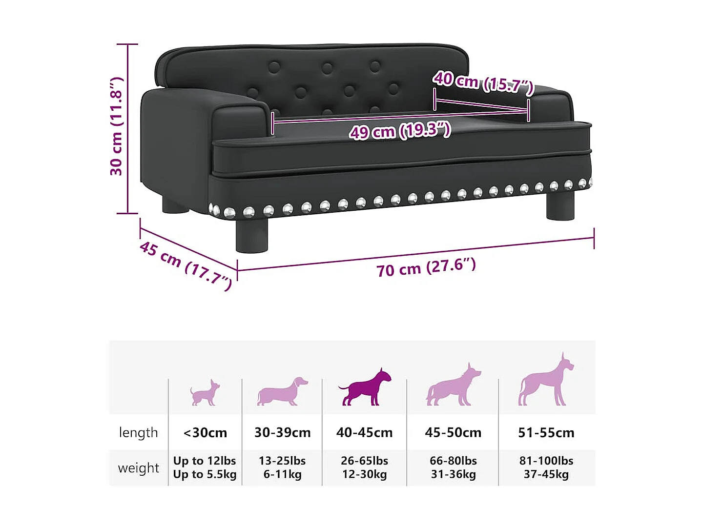 Lit pour chien noir 70x45x30 cm similicuir