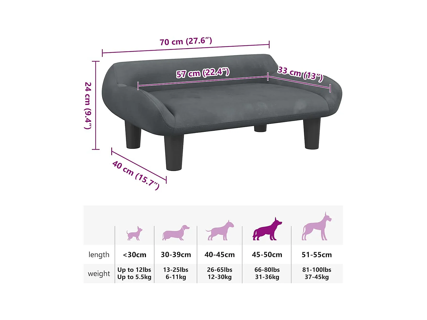 Cama para perros de terciopelo gris oscuro 70x40x24 cm