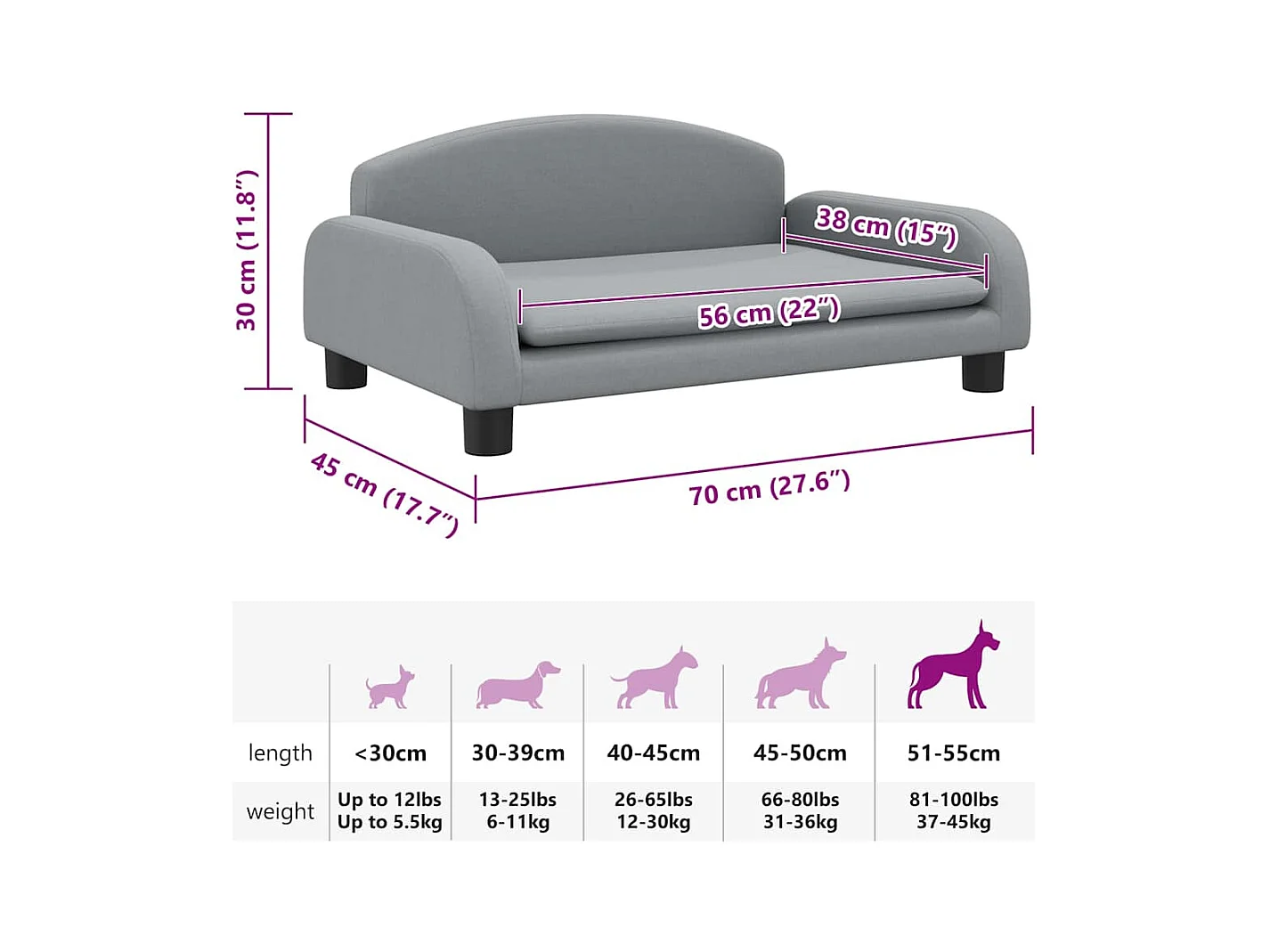 Cama para cães 70x45x30 cm tecido cinzento-claro