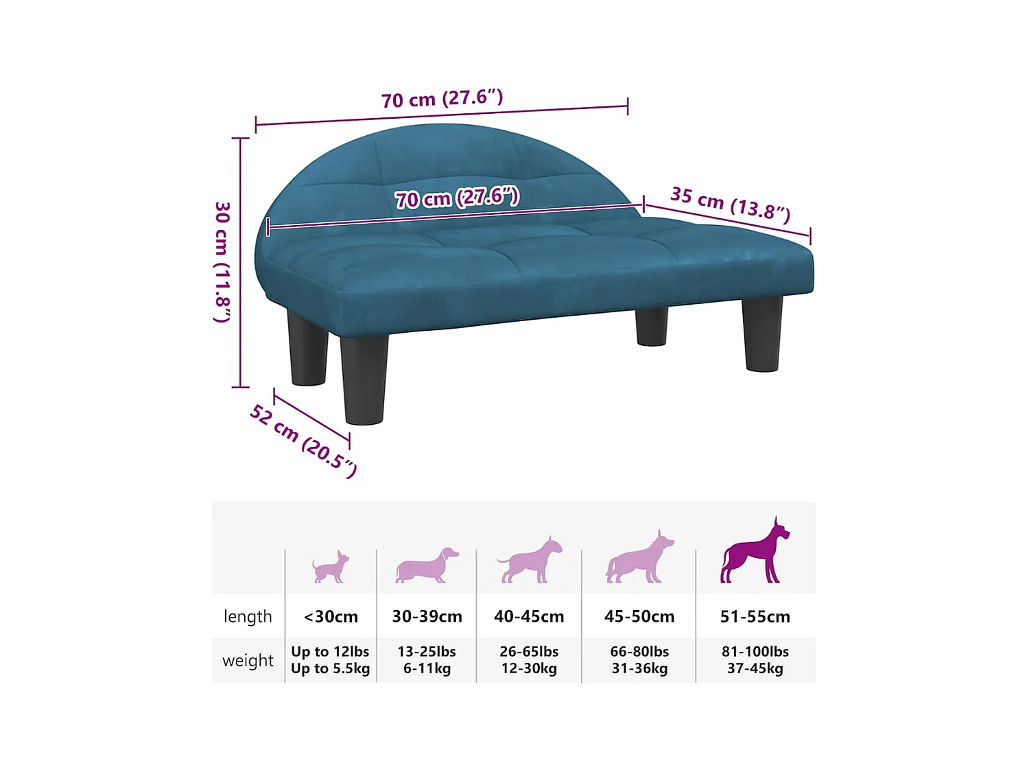 Cama para perros de terciopelo azul 70x52x30 cm