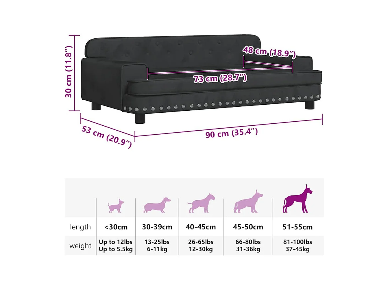Cama para cães 90x53x30 cm veludo preto