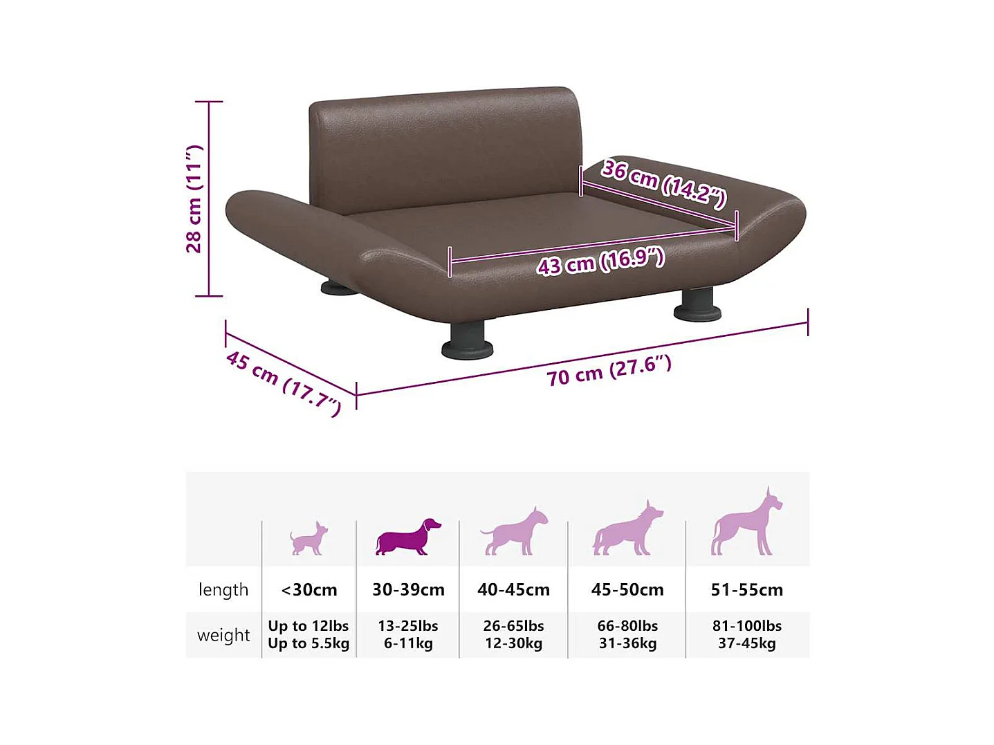 Cama para cães 70x45x28 cm couro artificial castanho