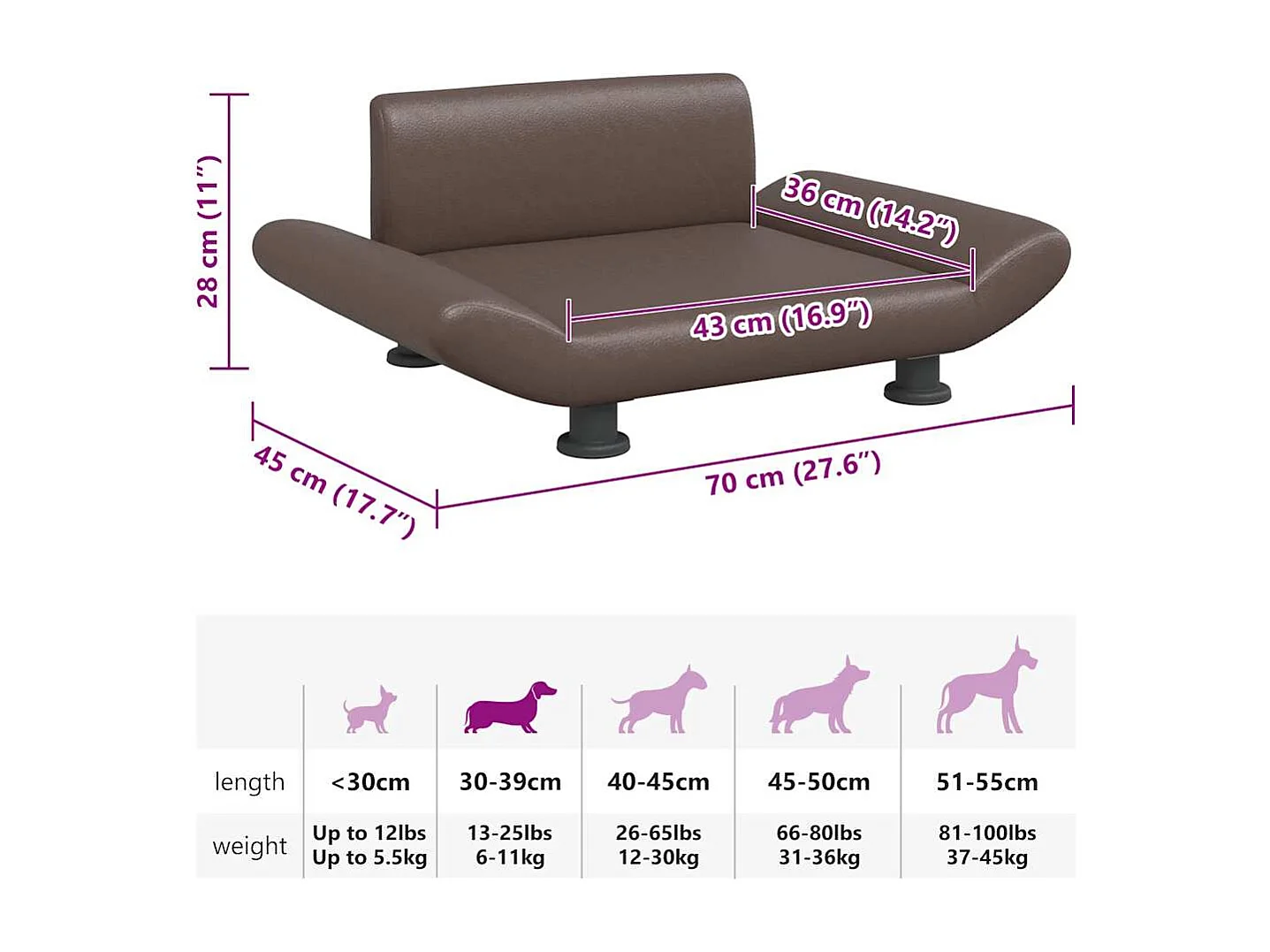 Lit pour chien marron 70x45x28 cm similicuir