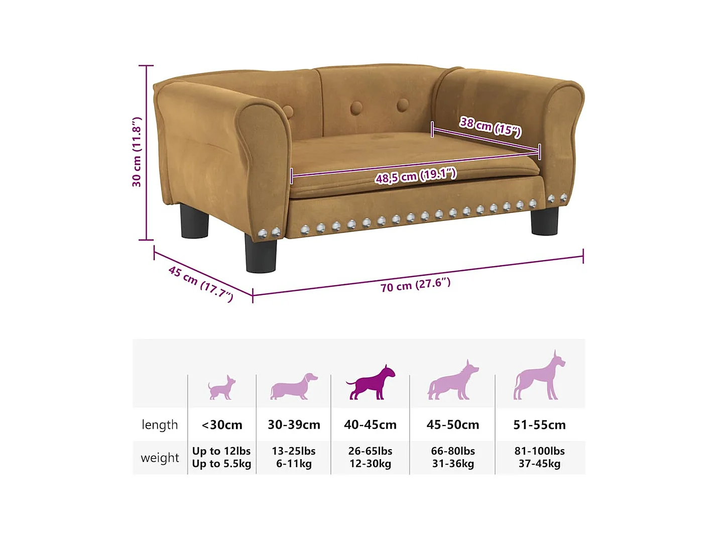 Cama para perros de terciopelo marrón 70x45x30 cm