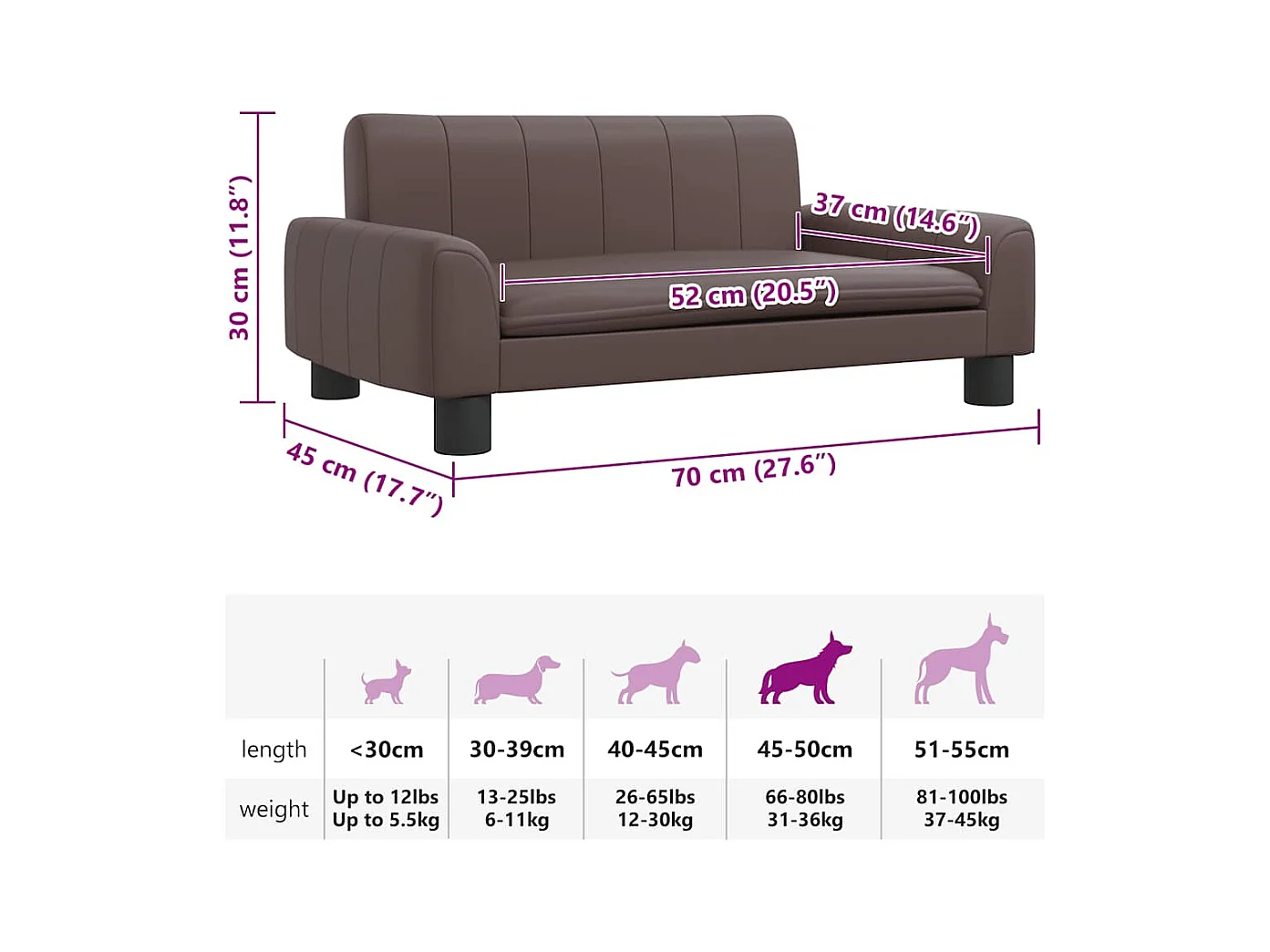 Cama para perros de cuero sintético marrón 70x45x30 cm