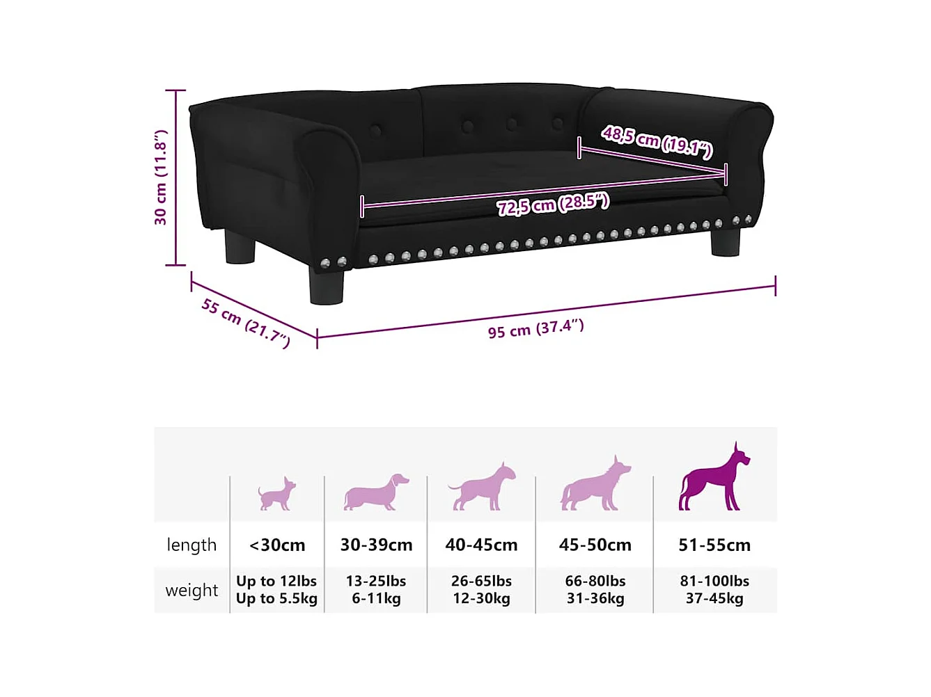 Cama para perros de terciopelo negro 95x55x30 cm