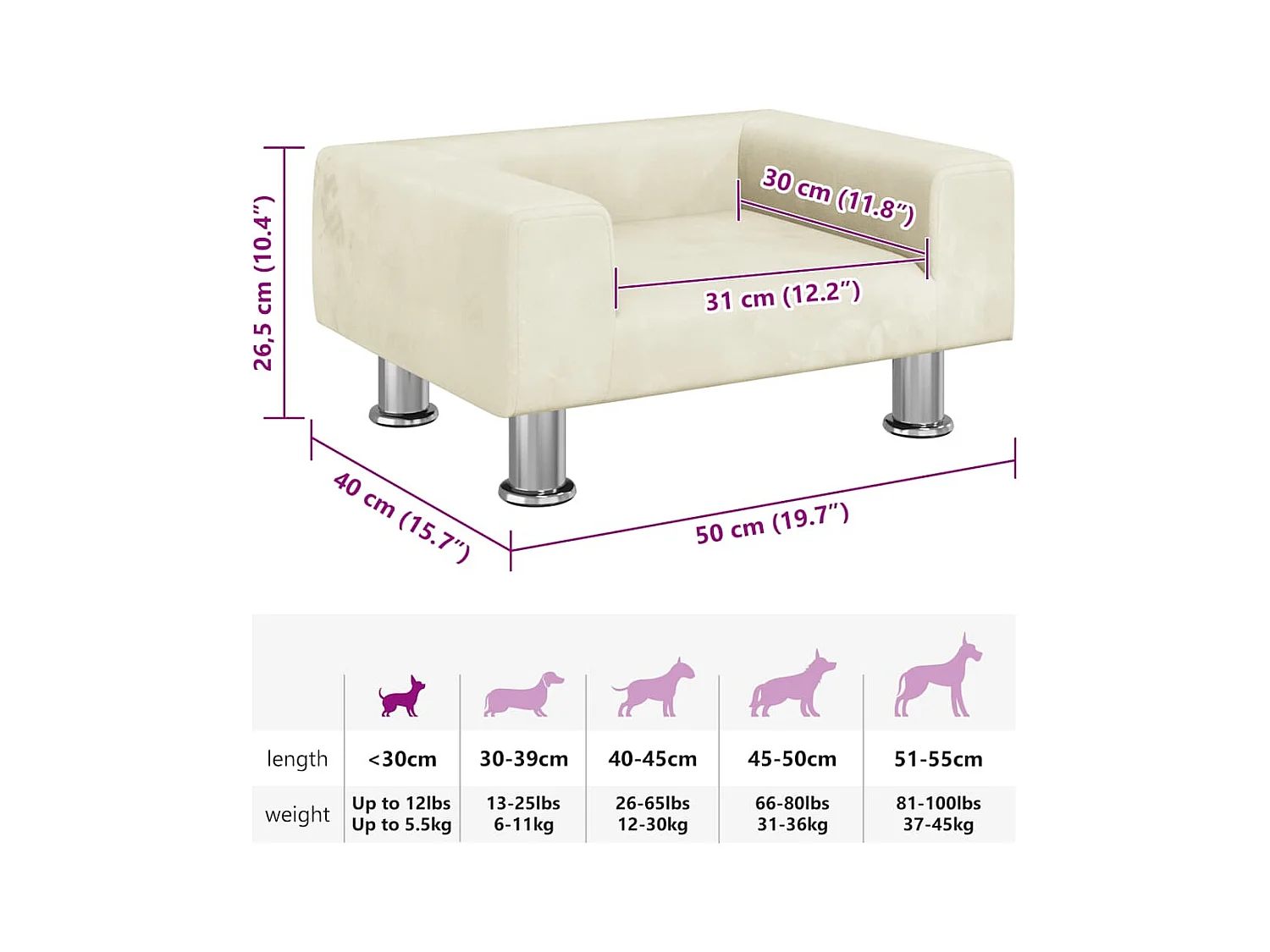 Cama para perros de terciopelo crema 50x40x26,5 cm