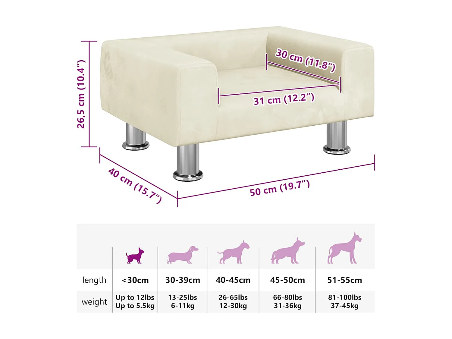 Cama para cães 50x40x26,5 cm veludo cor creme