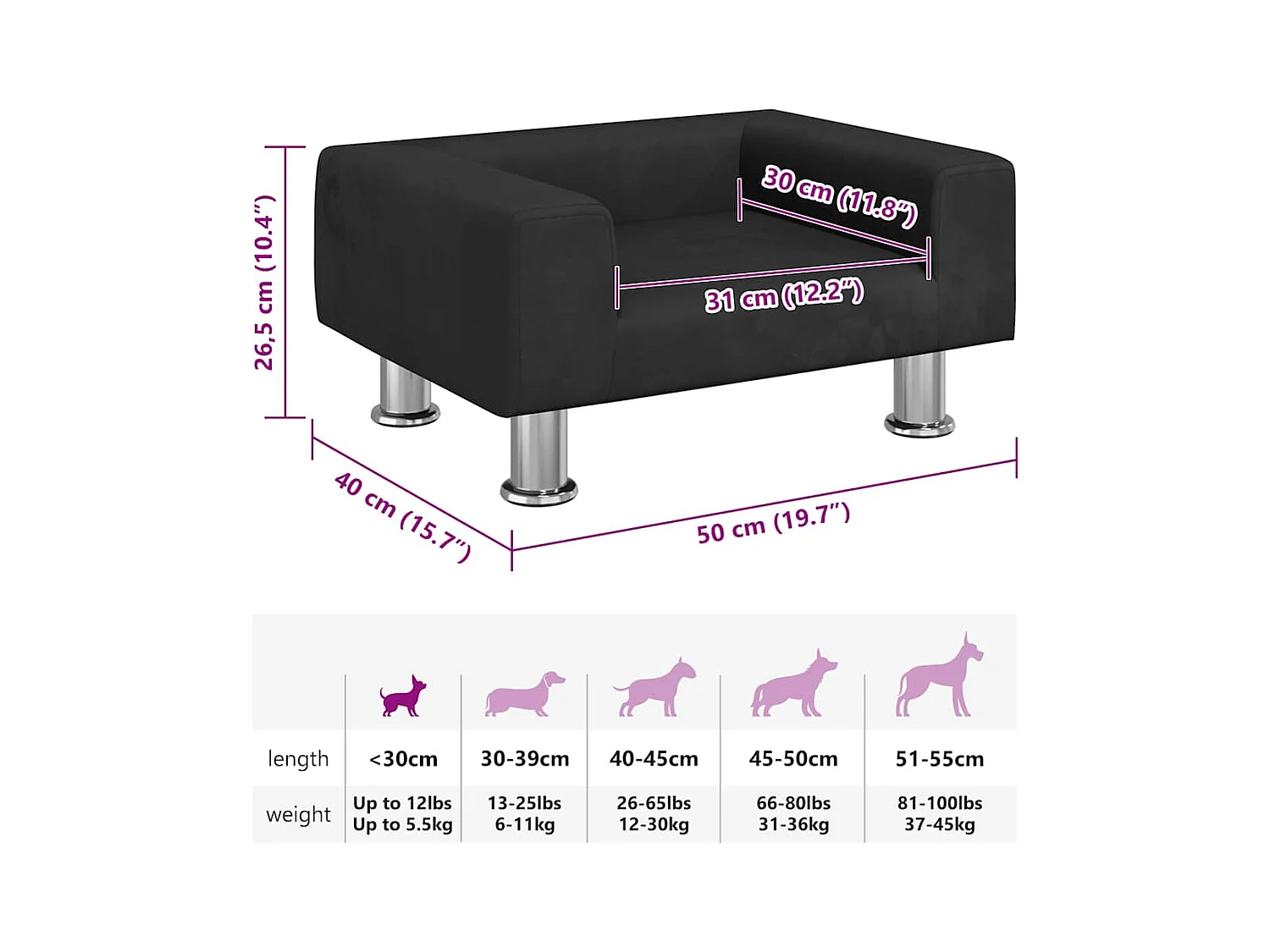 Cama para perros de terciopelo negra 50x40x26,5 cm