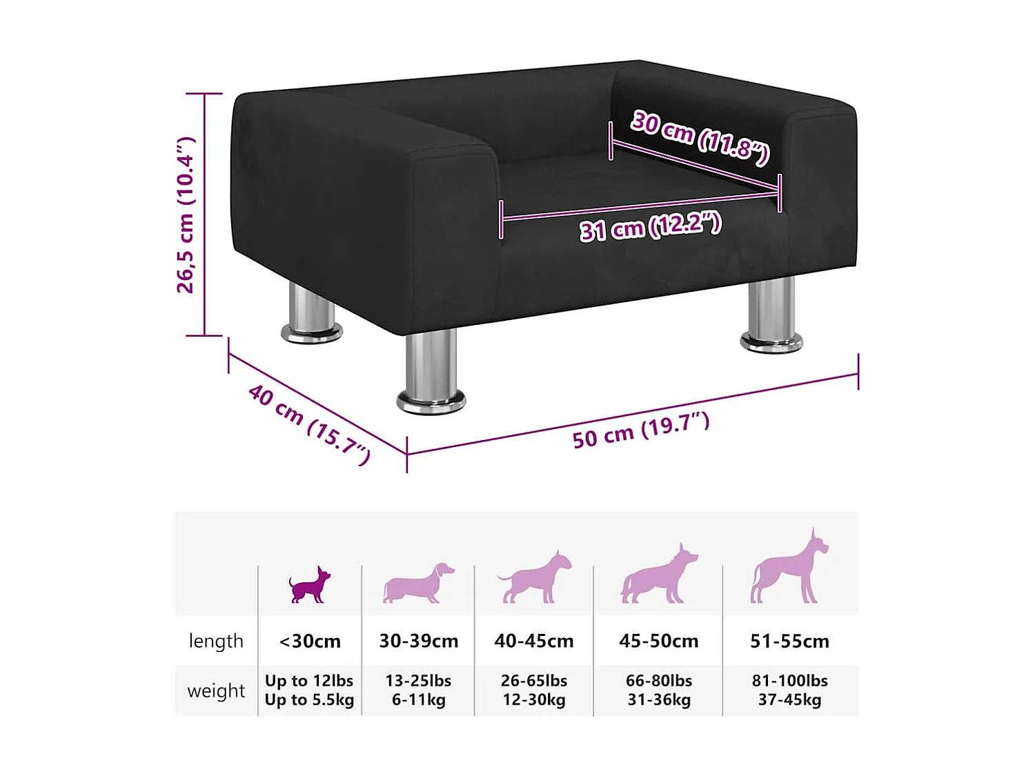 Cama para perros de terciopelo negra 50x40x26,5 cm