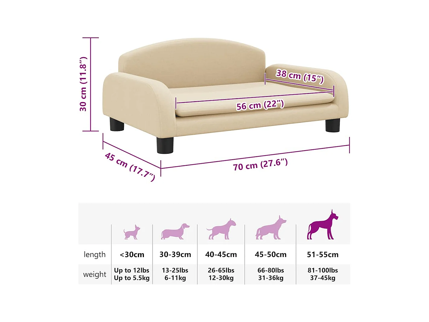 Cama para perros de tela crema 70x45x30 cm