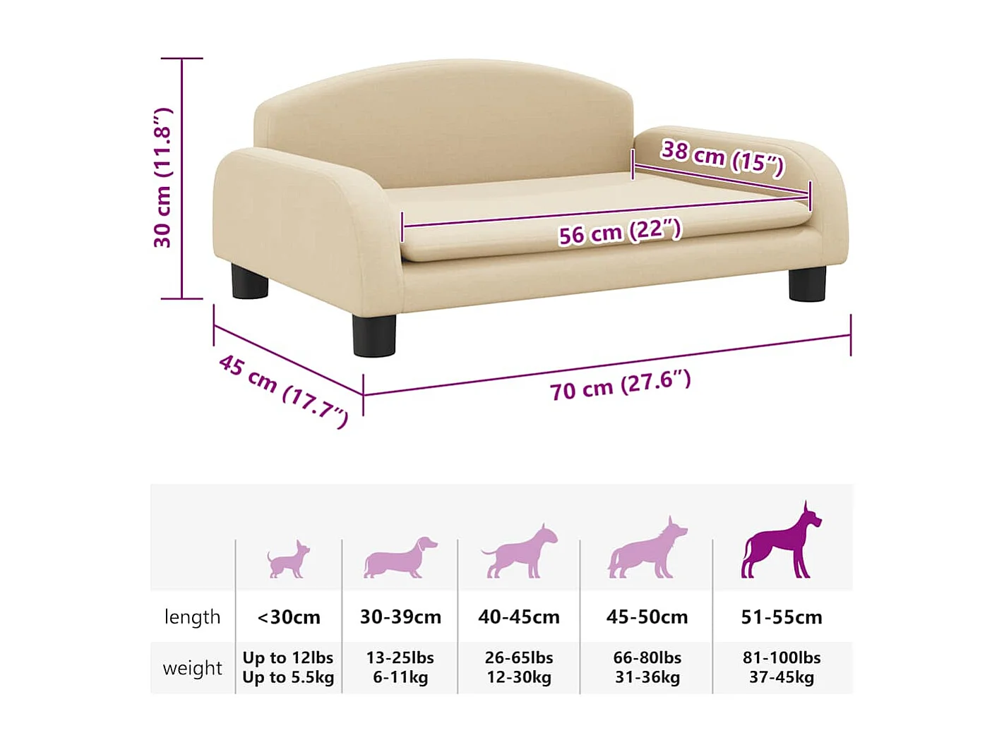 Lit pour chien crème 70x45x30 cm tissu