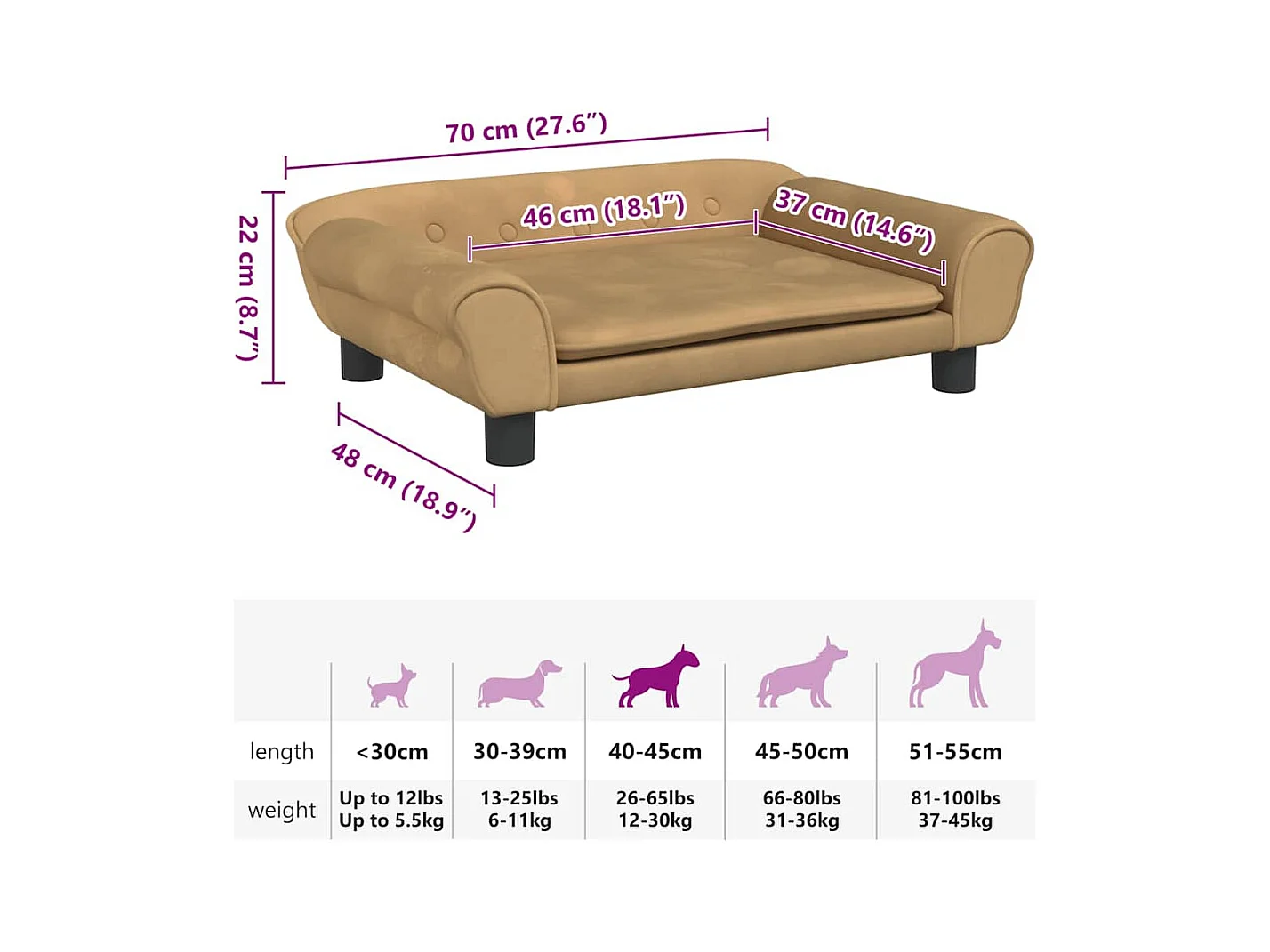 Cama para perros de terciopelo marrón 70x48x22 cm