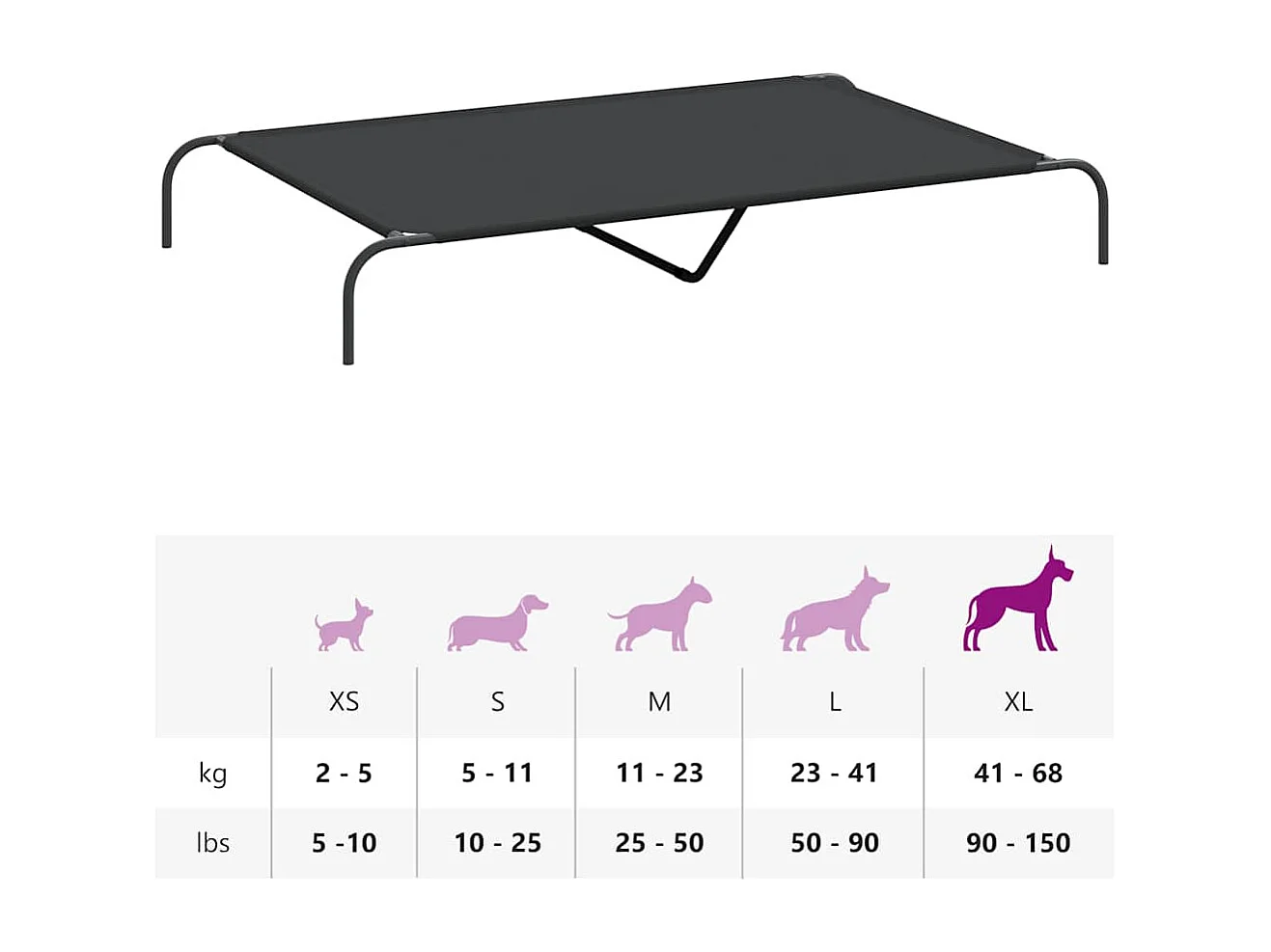 Lit surélevé pour chien noir 150x90x20 cm tissu oxford et acier
